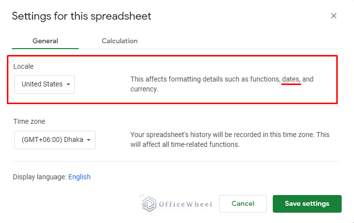 general and locale settings of google sheets